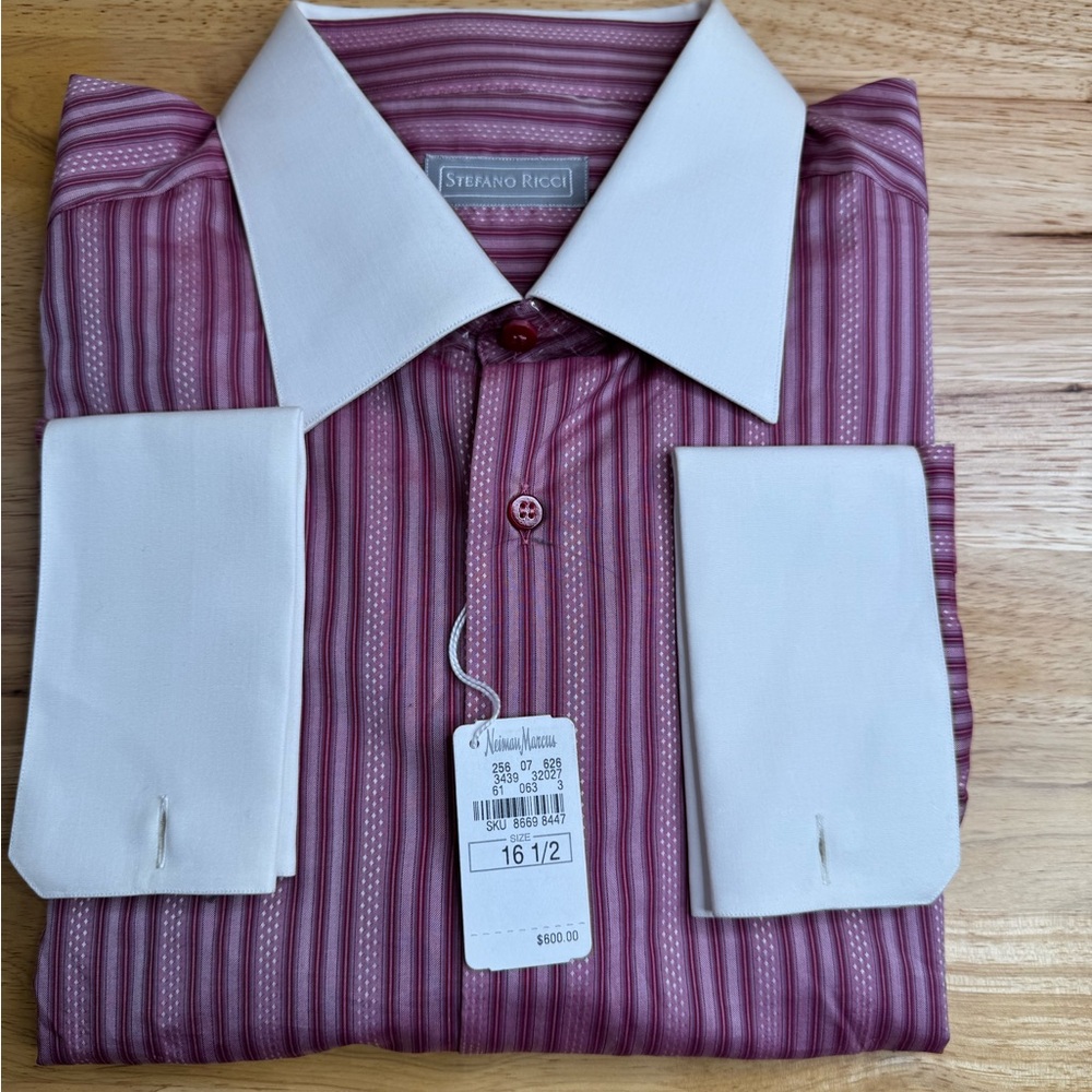 Stefano Ricci Burgundy Striped Dress Shirt with White Collar and French Cuffs